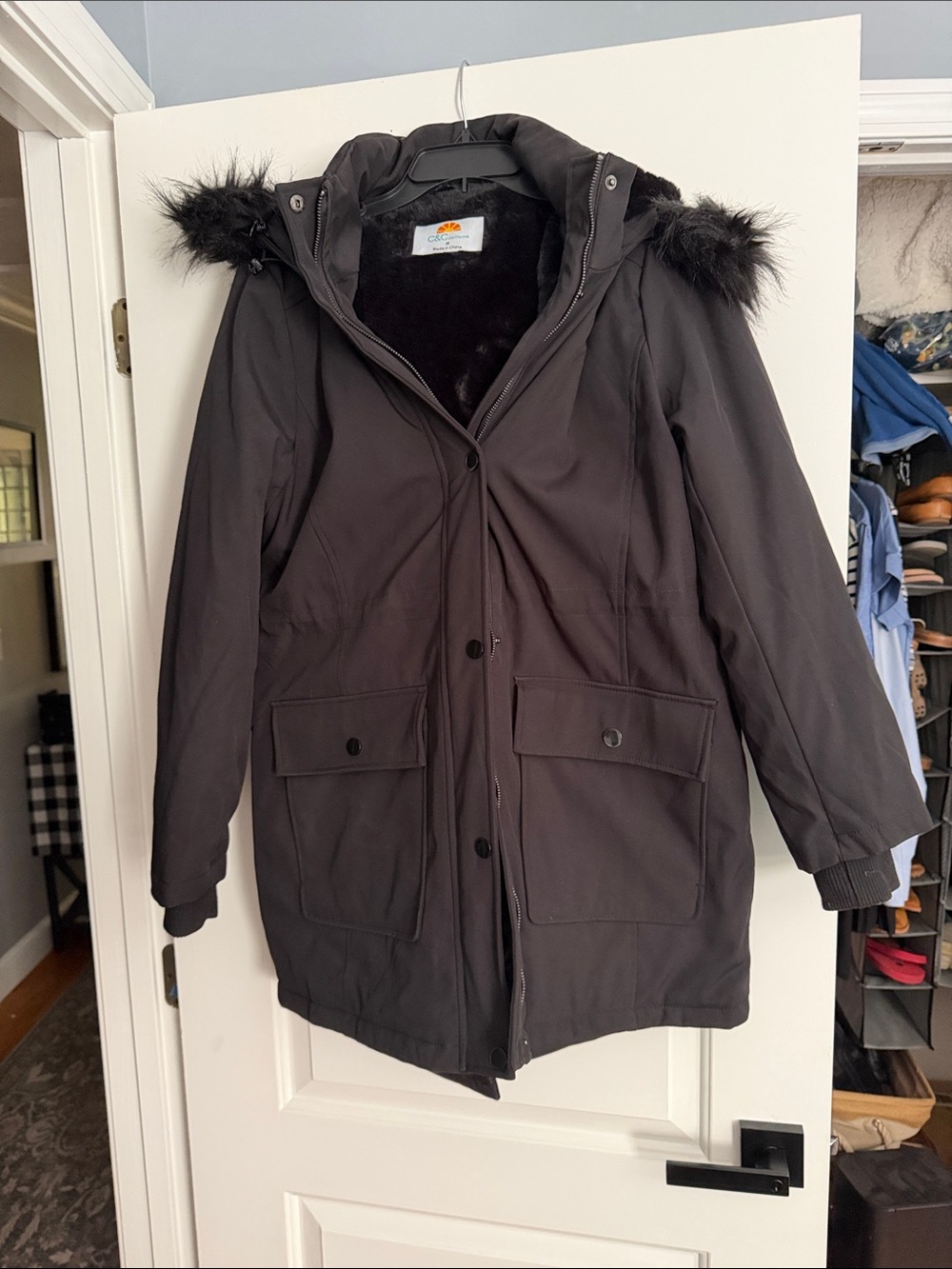 C&C California Black Hooded Trench Coat with Faux Fur Trim